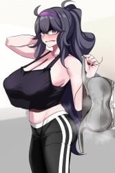 1girls @_@ absurdres arm_behind_head armpits black_leggings bra breasts cleavage crop_top crop_top_overhang female from_side hair_between_eyes hairband hex_maniac highres holding holding_bra holding_underwear holding_unworn_clothes huge_breasts komado_riru kurorettsu leggings long_hair looking_at_viewer midriff nail_polish nintendo open_mouth pokemon pokemon_xy ponytail presenting_bra purple_hair purple_hairband purple_shirt shirt smell solo sports_bra underwear unworn_bra very_long_hair