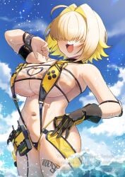 1girls ahoge areola_slip bigger_female black_gloves blonde_hair blue_sky breasts commentary_request elegg_(boom_and_shock)_(nikke) elegg_(nikke) female gloves goddess_of_victory:_nikke hair_intakes highres huge_breasts large_breasts leg_tattoo mature milf nanahi_tsubaki navel ocean official_alternate_costume open_mouth outdoors short_hair sideboob single_glove sky slingshot_swimsuit solo stomach swimsuit tattoo thighs watch wristwatch yellow_slingshot_swimsuit