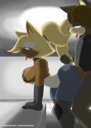 anthro anthro_on_anthro blonde_female blonde_hair breasts clothed dark_hair dark_skin doggy_style idw_publishing oc sega sex sonic_(series) sonic_the_hedgehog_(series) tounge_out whisper_the_wolf wolf zen_the_wolf