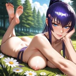 1girls ai_generated ass big_ass blue_eyes breasts busujima_saeko closed_mouth clouds completely_nude depth_of_field dtkai foreshortening forest head_on_arm head_rest highschool_of_the_dead large_breasts looking_at_viewer nature nipples on_grass on_stomach outside perspective purple_hair sky sunlight the_pose toes