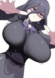 @_@ black_dress black_eyes breasts closed_mouth corset cowboy_shot dress dutch_angle earrings female hair_between_eyes hex_maniac hex_maniac_(z-a) huge_breasts jewelry komado_riru kurorettsu long_hair long_sleeves nintendo pokemon pokemon_legends:_z-a purple_hair simple_background solo standing white_background
