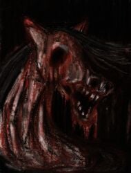 absurd_res ambiguous_gender anthro bilemirth blood bodily_fluids charcoal_(artwork) coprophilic_intercourse empty_eyes equid equine feces food gore head hi_res horse mammal meat melting_flesh nightmare_fuel placenta pony portrait raw_meat scatplay solo traditional_media_(artwork) unhappy893