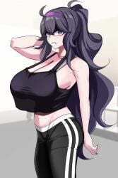 1girls @_@ absurdres arm_behind_head armpits black_leggings breasts cleavage crop_top crop_top_overhang female from_side hair_between_eyes hairband hex_maniac highres huge_breasts komado_riru kurorettsu leggings long_hair looking_at_viewer midriff nail_polish nintendo open_mouth pokemon pokemon_xy ponytail purple_hair purple_hairband purple_shirt shirt solo sports_bra very_long_hair