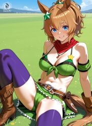 1girls ai_generated big_breasts bikini cameltoe horse_ears horse_girl horse_tail large_breasts panties seacreator sitting smile spread_legs taiki_shuttle_(umamusume) umamusume umamusume_pretty_derby