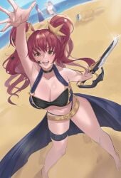 3girls alear_(fire_emblem) alear_(fire_emblem)_(female) beach big_breasts bikini blue_sky brown_eyes calmgreentori cleavage fire_emblem fire_emblem_engage heterochromia intelligent_systems ivy_(fire_emblem) nintendo ocean pin_up purple_hair red_and_blue_hair red_hair sommie_(fire_emblem) yunaka_(fire_emblem)