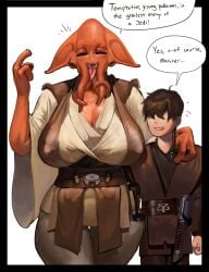 1boy 1boy1girl 1girls 3_fingers =_= age_difference alien alien_girl arm_around_shoulders bald_female breasts closed_eyes covered_nipples curvy duo english_text fangs hair_over_eyes hourglass_figure huge_breasts jedi_master jedi_padawan lewdpencil mature_female milf orange_skin padawan sagging_breasts speech_bubble star_wars tentacle_hair text tongue_out