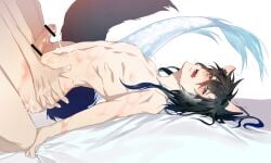 2boys alternate_hairstyle anal animal_ears bar_censor bed_sheet bite_mark black_hair blush breath brown_eyes censored collarbone completely_nude cum cum_on_ass cum_on_body cum_on_male cum_on_stomach eastern_dragon_tail ejaculating_while_penetrated ejaculation fox_boy fox_ears fox_tail grabbing_another's_ass groping hair_down hand_on_another's_hip hickey highres jujeop kemonomimi_mode kneeling lan_wangji long_hair lying male_focus missionary modao_zushi mosaic_censoring multiple_boys navel nipples nude on_back on_bed open_mouth out_of_frame pectorals penis saliva sex sheet_grab solo_focus sweat tail tears trembling wei_wuxian wet white_background yaoi