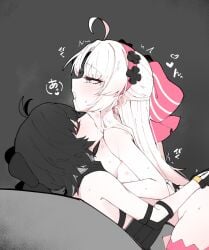 2girls ahoge aqua_eyes black_bow black_gloves black_hair blush bow breasts carlotta_(wuthering_waves) closed_eyes clothed_female_nude_female commentary_request earrings female female_rover_(wuthering_waves) from_side gloves hairband hairbow half-closed_eye hand_on_another's_shoulder heart hickey highres implied_futa implied_sex jewelry kissing kissing_neck long_hair medium_breasts multiple_girls nude open_mouth pink_bow pink_hairband rover_(wuthering_waves) starblame sweat tacet_mark_(wuthering_waves) thighs white_hair wuthering_waves