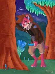 alien_planet alien_plant anthro blue_penis bodily_fluids clothed clothing coolskeltal95 cum dialogue ejaculation eulipotyphlan falcy_hedgehog forest forest_background fur genital_fluids genitals hedgehog hi_res holding_own_penis holding_penis leaning leaning_forward leaning_on_object leaning_on_tree male mammal nature nature_background night pants_unbuttoned pants_undone penis pink_body pink_fur plant satisfied_look smooth_penis solo standing tree