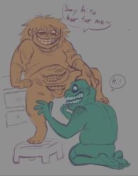 1boy 1boy1girl 1girls dan_(look_outside) dialogue female i_can't_believe_vagina_mouth_is_already_a_tag_omfg leigh_(look_outside) look_outside male monster monster_girl monster_on_human non-human partially_clothed pussy silly sitting straight vagina_mouth what’s_so_funny?