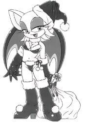 1girls anthro bat boots cartoony christmas christmas_bag comic exposed_torso female footwear furry_bomb furry_bomb_factory gloves handwear headwear karate_akabon long_glove mitsuharu_takura monochrome rouge_the_bat sack santa_bag santa_bikini santa_bra santa_hat sega solo sonic_(series) straight_hair tagme underwear wings