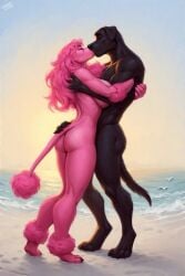 ai_generated beach beach_background big_breasts black_body black_fur breasts canine domestic_dog duo female hugging husband_and_wife kiss_on_lips kissing labrador lenny_lab male male/female naked nude penny_lab pink_body pink_fur pink_hair poodle
