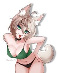 1girls artist_signature bare_arms bare_midriff bare_thighs bino_(artist) bino_(vtuber) black_panties breasts brown_hair buckle clothes_falling_off collar drool_on_tongue fangs female female_focus female_only four_leaf_clover green_eyes green_topwear hands_on_thighs indie_virtual_youtuber large_breasts leaning_forward looking_at_viewer mole mole_on_breast mole_under_mouth no_bra panties sideboob skimpy skimpy_clothes solo solo_female strap_slip thick_thighs tilted_head tongue tongue_out topwear two_tone_hair virtual_youtuber vtuber white_background white_fur white_hair wolf_ears wolf_girl wolf_tail