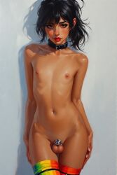 1boy 1femboy ai_generated blacker666 chastity chastity_cage choker cock_cage dark-skinned_male dark-skinned_sissy dark-skinnedsub dark_hair dark_skin femboy gay male male_only nude penis ponytail rainbow_clothing sissy solo tanned tanned_male tanned_skin twink yaoi