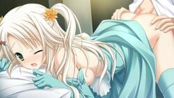 ass ass_grab blonde_hair blush breasts censored clothed_sex doggy_style game_cg green_eyes hatsuyuki_sakura sex sideboob wink