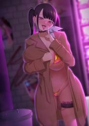 absurdres areola_slip bikini black_choker black_hair breasts choker coat dearonnus egg_vibrator female goddess_of_victory:_nikke gold_bikini highres huge_breasts index_finger_raised micro_bikini open_mouth public_indecency red_eyes sex_toy solo sora_(nikke) swimsuit tongue tongue_out trench_coat twintails vibrator vibrator_cord vibrator_in_thigh_strap