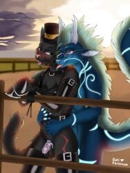absurd_res anthro bondage bondage bound chastity_cage chastity_device discipline dominant dragon duo felid feline field halt harness hi_res hooves latex male male/male mammal mythological_creature mythological_scalie mythology nature petplay ponyplay ranch roleplay sati_kurosawa scalie slave submissive