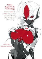 1girls ahoge arm_behind_head automaton_(helldivers) black_nails black_sclera boobplate breast_padding breastplate breasts english_text helldivers helldivers_2 huge_ahoge large_breasts looking_at_viewer mouth_mask navel red_eyes red_hair robot_ears robot_girl skin_tight slender_waist text two_tone_hair virgin_and_neet white_eyelashes white_hair