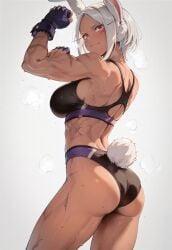 2d ai_assisted ai_generated black_sports_bra boku_no_hero_academia bunny_ears bunny_girl bunny_tail cowboy_shot dark-skinned_female fingerless_gloves from_behind gloves grey_hair icosilveraiart looking_at_viewer mirko muscular_back muscular_female red_eyes scar scar_on_face short_hair smile sports_bra steaming_body sweat sweatdrop tan_skin white_background white_hair