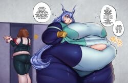 2girls bbw belly clothes_ripping english_text female female_only my_hero_academia nejire_hado ochako_uraraka overweight overweight_female ripped_clothing sauteedloin thick_thighs weight_gain