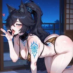 1girls ai_generated ass bikini black_hair blue_eyes breasts cat_ears fellatio_gesture female female_focus female_only huge_ass huge_breasts kasli_the_bane leopard_print long_hair looking_at_viewer navel pale_skin ponytail smiling smiling_at_viewer tattoos