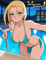 1futa 2025 ai_generated aqua_bikini artist_name bikini blonde_hair blue_eyes blue_sky breasts bulge bust cammy_white chest cloud cloudy_sky foxenpai full_moon futanari green_bikini hi_res high_quality high_resolution highres horizon intersex looking_at_viewer moon night ocean patreon patreon_username pool pool_ladder poolside shore side-tie_bikini sky solo stable_diffusion street_fighter sun swimsuit water watermark wet window