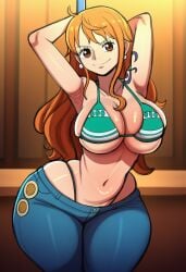 ai_generated ass belly bikini booty breasts cleavage female gigantic_ass gigantic_breasts hips jeans lubbasdump nami_(one_piece) one_piece orange_hair pole wide_hips