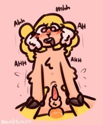 alex_(alelander) anal anal_sex anthro bean0tastic beanie_(bean0tastic) blonde_hair bouncing bovid buckteeth caprine domestic_cat duo eyelashes felid feline felis femboy fingers fluffy_ears fur genitals hair heart_eyes heart_symbol hi_res hooved_fingers hooves male male/male mammal moan orange_penis penetration penile penile_penetration penis sheep size_difference small_penis teeth yellow_body yellow_fur