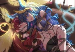 2girls arms_behind_back blue_eyes blue_hair bondage bondage bondage bound bound_arms bound_legs bound_together breasts bright_pupils duel_monster earrings egg_vibrator ha-re_the_sword_mikanko halo highres indoors jewelry long_hair magatama magatama_necklace medium_breasts menou_74 multiple_girls navel necklace ni-ni_the_mirror_mikanko red_eyes red_hair ring rope_gag sex_toy shibari_over_clothes tearing_up uzuhime_the_manifested_mikanko very_long_hair vibrator vibrator_under_clothes white_pupils yu-gi-oh!