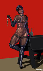 alternate_version_available boots collar danica_(dmitrys) dark-skinned_female dark_skin dmitrys dominatrix female_version gloves handcuffs muscular_female piercings solo spiked_boots spiked_collar spiked_hat spikes