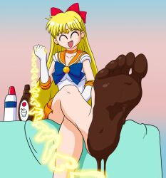 1girls adult_swim alluring barefoot bishoujo_senshi_sailor_moon blonde_hair chained_up chocolate_on_foot chocolate_syrup cute feet feet_fetish female food_play foot_fetish foot_focus gradient_background highres karasutomoe minako_aino pov sailor_venus tagme toei_animation toonami whipped_cream