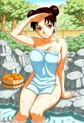 1girls ai_generated apple arm_support artist_name ass_support bare_legs bare_shoulders breasts brown_eyes brown_hair bubbleteexl bucket busty cleavage closed_mouth collarbone colored covered_nipples covered_pussy double_bun female female_only fruit functionally_nude functionally_nude_female hand_on_forehead high_resolution hot_spring knees_together_feet_apart kunoichi legs_together light-skinned_female light_skin looking_away looking_to_the_side manga_style matching_hair/eyes mostly_nude mostly_nude_female naked_towel naruto naruto_(series) naruto_shippuden ninja nude nude_female onsen parted_bangs partially_submerged pinup relaxing rocks short_hair solo steam teen teenage_girl teenager tenten tied_hair towel towel_only upper_body water watermark wet wet_body wet_skin
