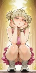 1girls ai_generated blonde_hair blunt_bangs boku_no_hero_academia frilled_skirt hair_bun head_on_hand himiko_toga looking_at_viewer medium_breasts my_hero_academia outdoors perfect_body pink_clothing relaxed sexy skinny sneakers socks solo squatting suggestive tank_top yellow_eyes