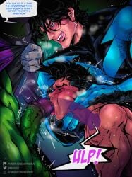 animal_genitalia animal_penis balls bara batman_(series) beast_boy big_penis bottomless bottomless_male closed_eyes clothing damian_wayne dc dc_comics dick_grayson equine_genitalia equine_penis garfield_logan gay green_body green_skin huge_cock justthemeat/meat2go male male_focus male_only muscular muscular_male nightwing nude nude_male oral oral_sex penis penis_in_mouth robin_(damian_wayne) robin_(dc) rough_oral sucking sucking_penis sweat sweatdrop sweating tongue tongue_out trio veiny_penis x-ray yaoi