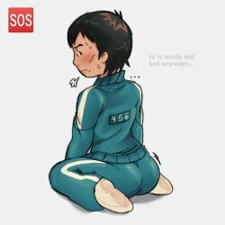 1boy 456 angry ass big_ass blush brown_hair embarrassed emoji english_text green_track_suit kneeling male middle_aged number seong_gi-hun short_hair sigh squid_game sweating white_shoes wiggle_lines