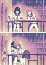 4girls absurdres ayanakitori book chair female futa_with_female futanari glasses handjob highres intersex kissing library long_hair monochrome motion_lines multiple_girls open_mouth original school_uniform serafuku short_hair sitting skirt speech_bubble standing table textless_version
