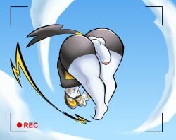 absurd_res anthro ass ass_up balls big_butt camera_view cloud electricity emolga flying foreskin generation_5_pokemon genitals gesture hand_gesture hi_res i_will_dance_only_if_the_beat_is_funky looking_at_viewer male nintendo partially_retracted_foreskin penis pokemon pokemon_(species) pose sky solo spinning thick_thighs upside-down v_sign