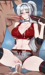ai_generated big_penis blue_eyes breasts crop_top cum cum_everywhere dark-skinned_male dikke_(reverse:1999) dikke_(the_pointy_end_up)_(reverse:1999) female gangbang gym_shorts male multiple_males multiple_penises penis reverse:1999 self_upload tesa thighhighs white_hair