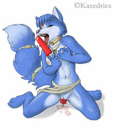 anthro blue_hair breasts canine female fox fur furry ice kasedries krystal looking_at_viewer necklace nipples open_mouth popsicle popsicle_in_pussy popsicle_insertion pussy star_fox tongue video_games