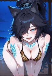 1girls ai_generated ass bikini black_hair blue_eyes breasts cat_ears female female_focus female_only huge_breasts kasli_the_bane leopard_print long_hair looking_at_viewer navel pale_skin ponytail smiling smiling_at_viewer tattoos
