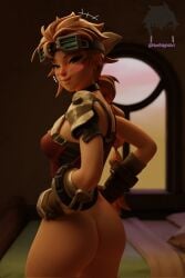 blush female female_focus fortnite half_naked hands_on_hips looking_at_viewer looking_back norinightart sylvie_(fortnite)