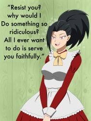 absurdres apron big_breasts black_hair boku_no_hero_academia bow_tie breasts dialogue domestication dress happy_trance large_breasts maid momo_yaoyorozu my_hero_academia open_mouth pink_eyes ponytail smile spiral_eyes syas-nomis symbol_in_eyes text