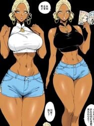 abs ai_generated blonde_hair crop_top curvy female fit gyaru hourglass_figure large_breasts linguin original seductive_look shorts small_waist smile tanned_skin