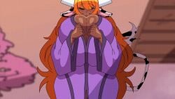 animated dark-skinned_female female horns huge_breasts long_hair orange_hair robe tail th3cyclop