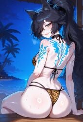 1girls ai_generated ass bikini black_hair blue_eyes breasts cat_ears female female_focus female_only huge_ass huge_breasts kasli_the_bane leopard_print long_hair looking_at_viewer navel pale_skin ponytail smiling smiling_at_viewer tattoos