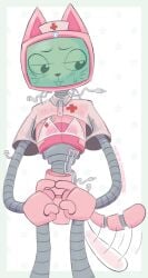 animal_crossing cat_ears cat_tail drunkydude lingerie meow_(animal_crossing) nervous nurse nurse_hat nurse_uniform robot robot_girl see-through_clothing sweating tail_wagging tv_head wires