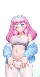 1girls breasts female female_only gym_uniform laura_(precure) laura_apollodoros_hyginus_la_mer laura_la_mer light-skinned_female light_skin long_hair nipples_visible_through_clothing nypdesu pink_hair precure pretty_cure solo toei_animation tropical-rouge!_precure white_background wink