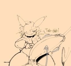2025 anthro balls big_penis biped black_text bottomless cheek_spots closed_smile clothed clothing cofficremer dialogue english_text exclamation_point eyebrows eyelashes generation_1_pokemon genitals glans hair hair_over_eye hoodie huge_cock hyper hyper_genitalia hyper_penis male motion_lines mouth_closed nintendo one_eye_obstructed penis pikachu pokemon pokemon_(species) smile solo speech_bubble tail talking_to_viewer text topwear