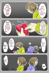 2boys 4koma blue_sweater brown_hair chara closed_eyes english_text frisk green_sweater implied_sex orgasm red_eyes soul_(undertale) soulplay sticky text_bubble trail undertale