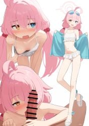 1boy afe. ahoge artist_name bar_censor bikini blue_archive blue_eyes blue_jacket breasts censored commentary fellatio female frilled_bikini frills heterochromia hoshino_(blue_archive) hoshino_(swimsuit)_(blue_archive) jacket multiple_views nipples official_alternate_costume one_breast_out open_clothes open_jacket oral orange_eyes penis pink_hair sandals simple_background small_breasts standing swimsuit white_background white_bikini white_sandals